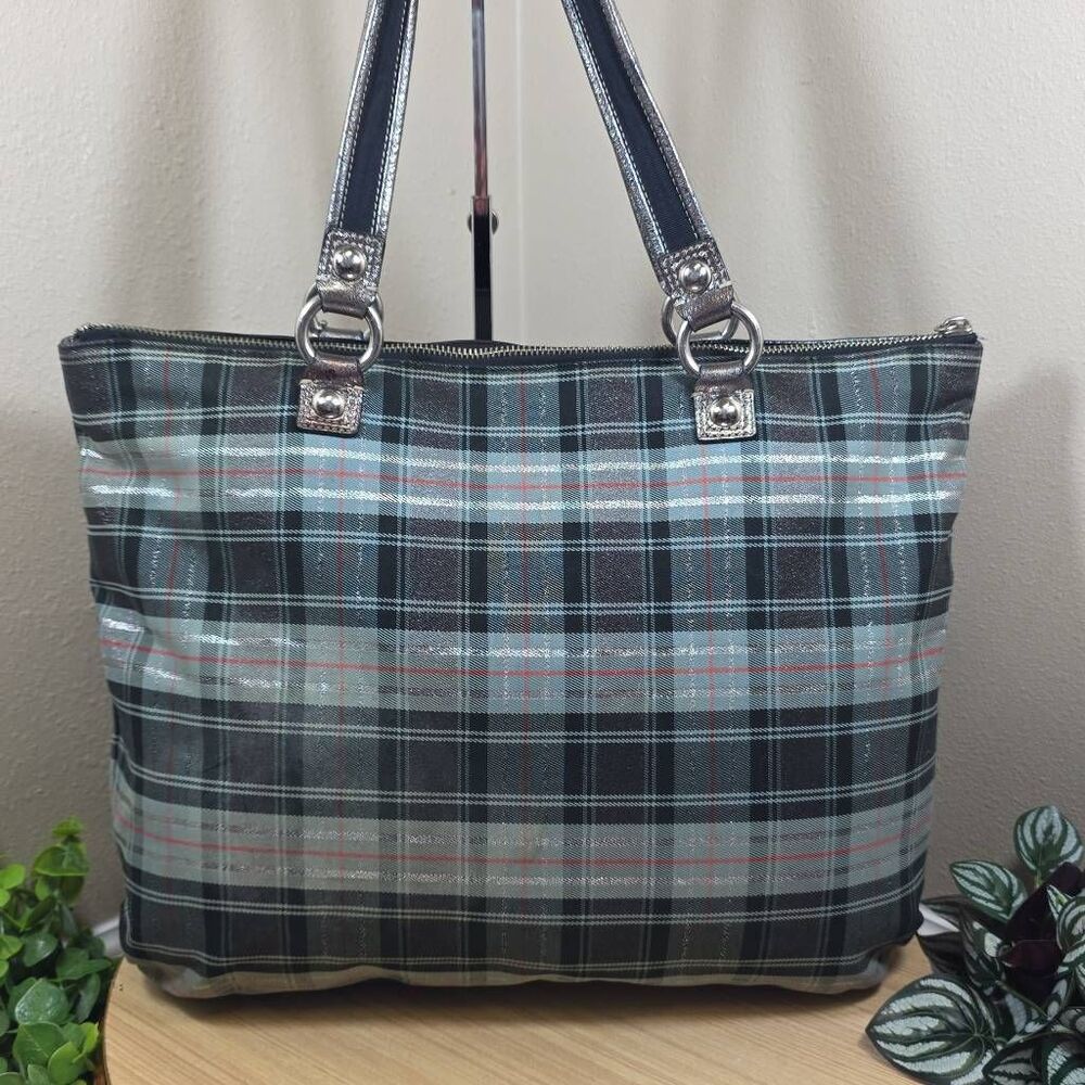 Coach Poppy Tartan Glamour Tote & Matching Wallet | Plaid Sparkle Shoulder Bag | - Picture 6 of 16